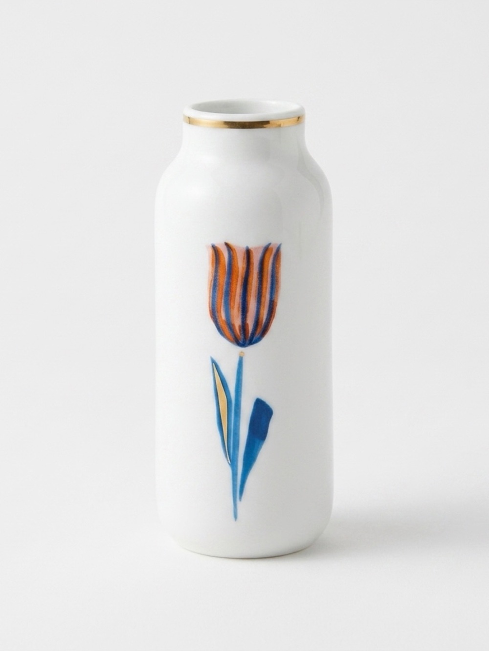White Porcelain Bud Vase with Hand-Painted Tulip and Gold Rim